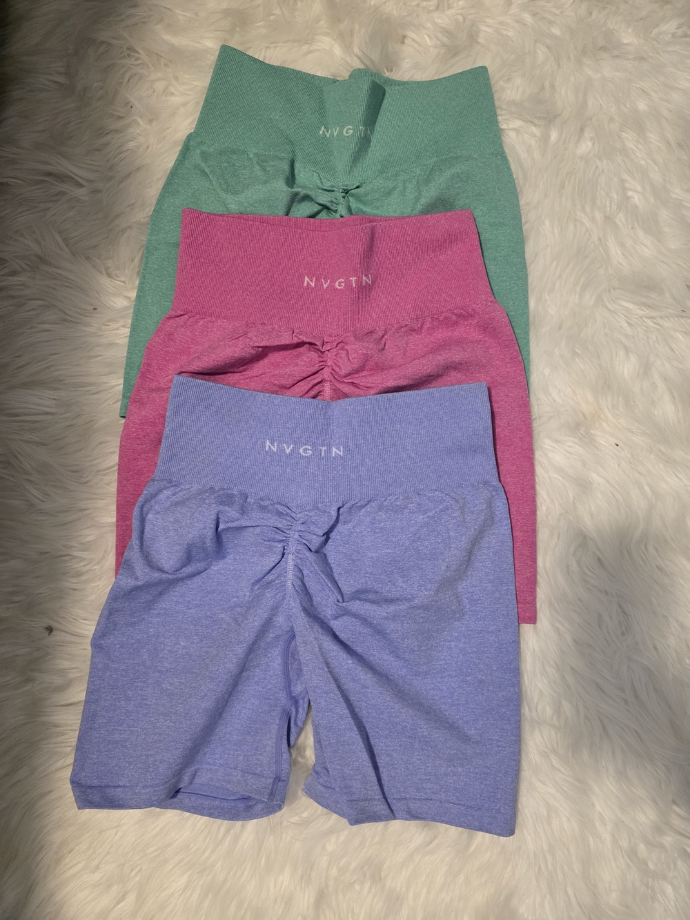NVGTN High-Waist Scrunch-Back Bike Shorts Set - Green, Pink, Purple